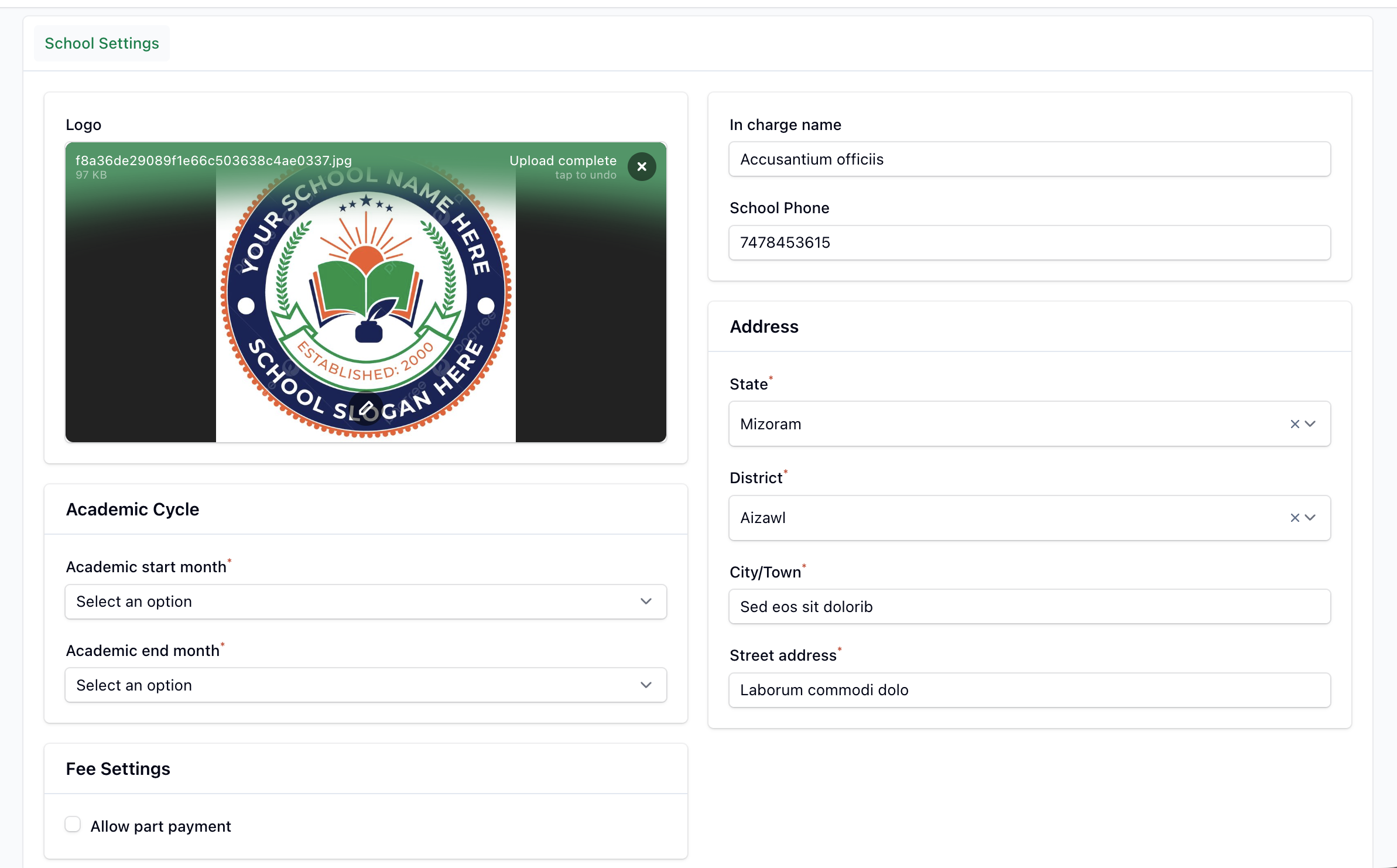 School Settings tab