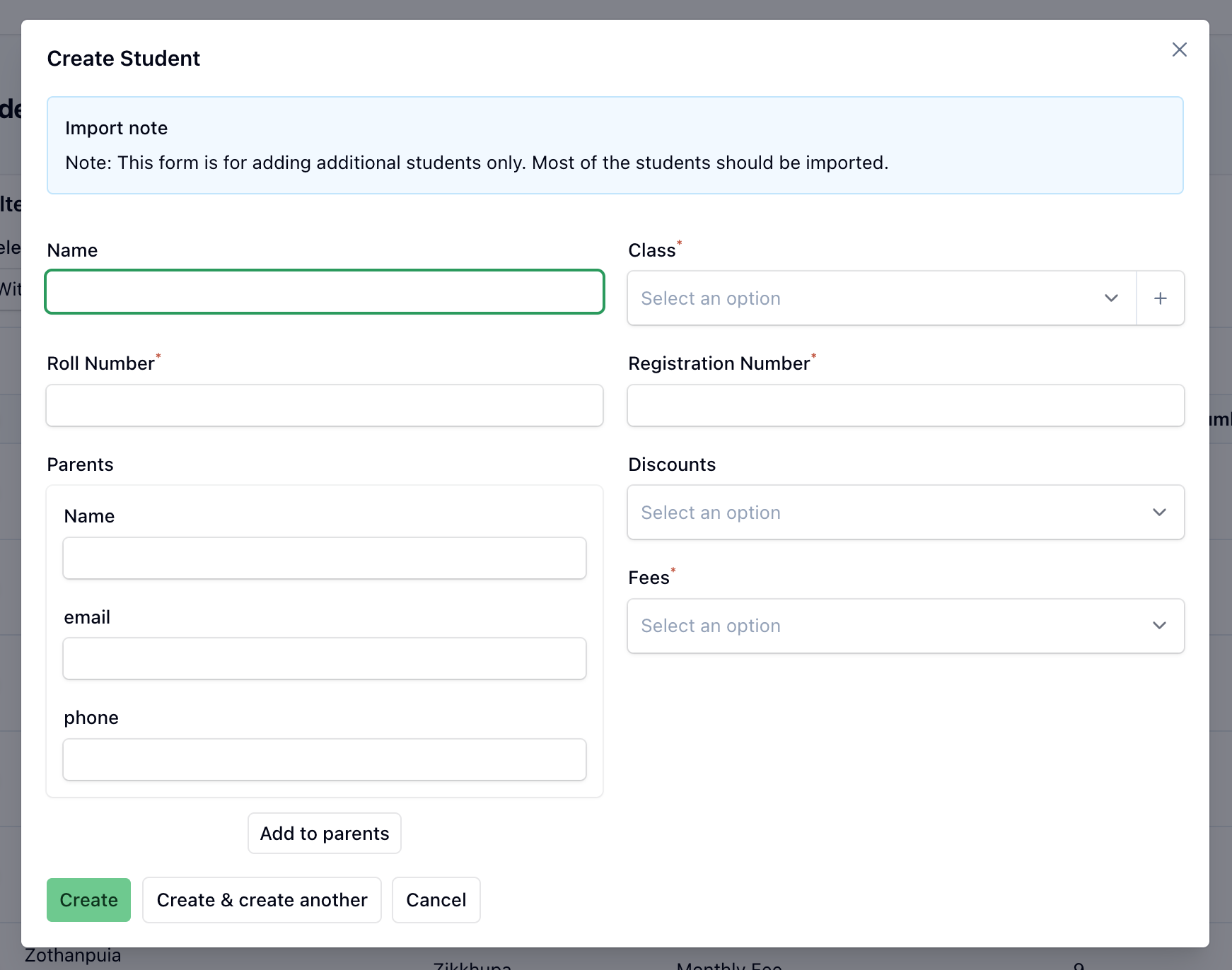 New student form
